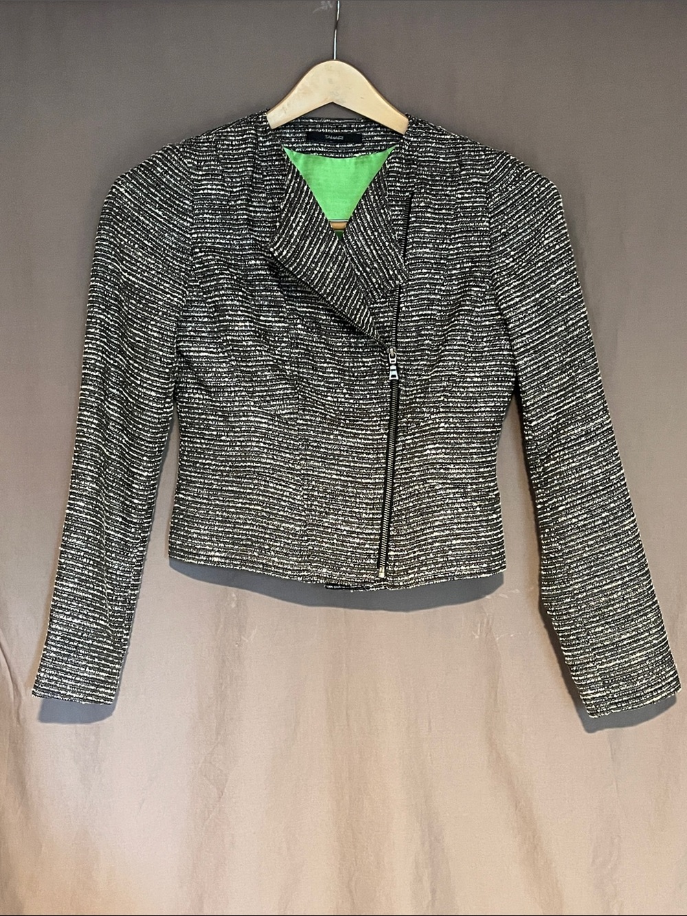 Tahari Black & White Textured Asymmetric Zip Blazer